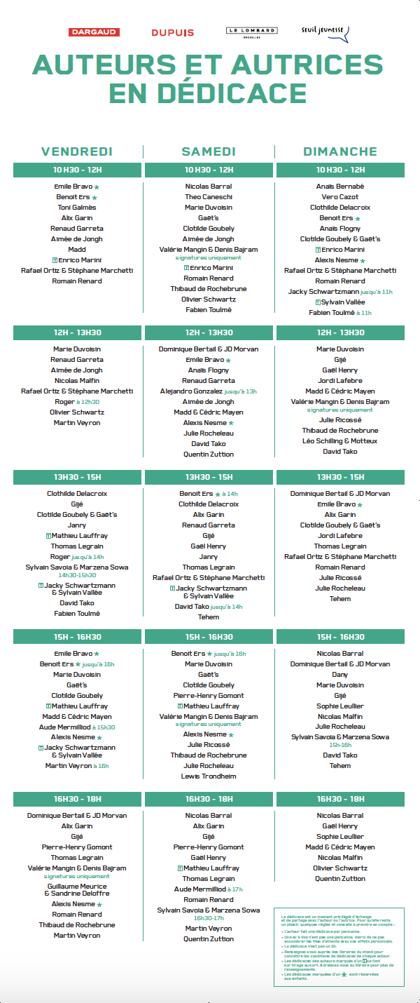 Le Planning de dédicaces - Quai des Bulles 2024